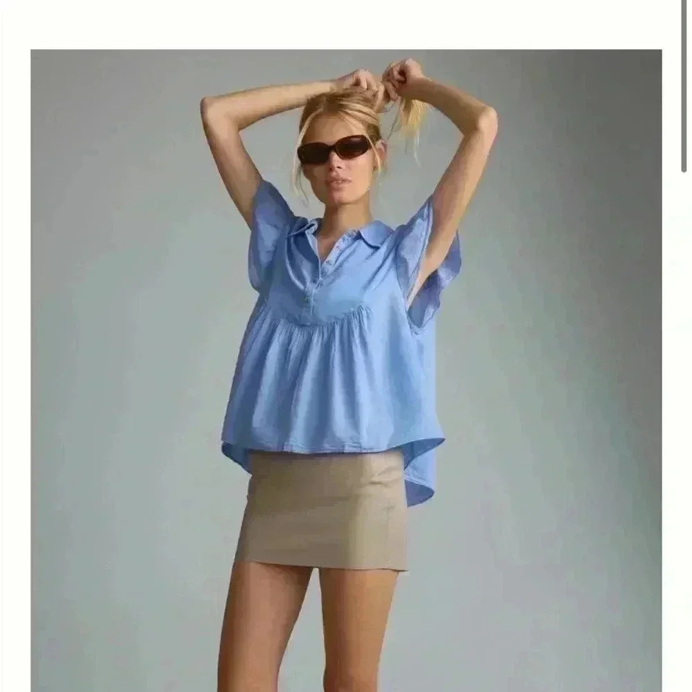 Anthropologie Pilcro Flutter-Sleeve‎ Babydoll Top Iris Blue XXSM Cotton B…